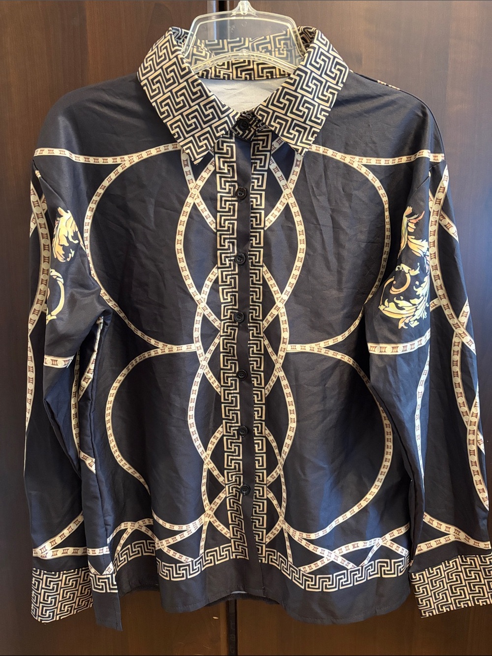 Black & Gold Baroque Print Button-Up Shirt size XL